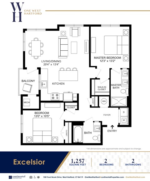 Floor plan for 2 beds, 2 baths, 1257 sqft